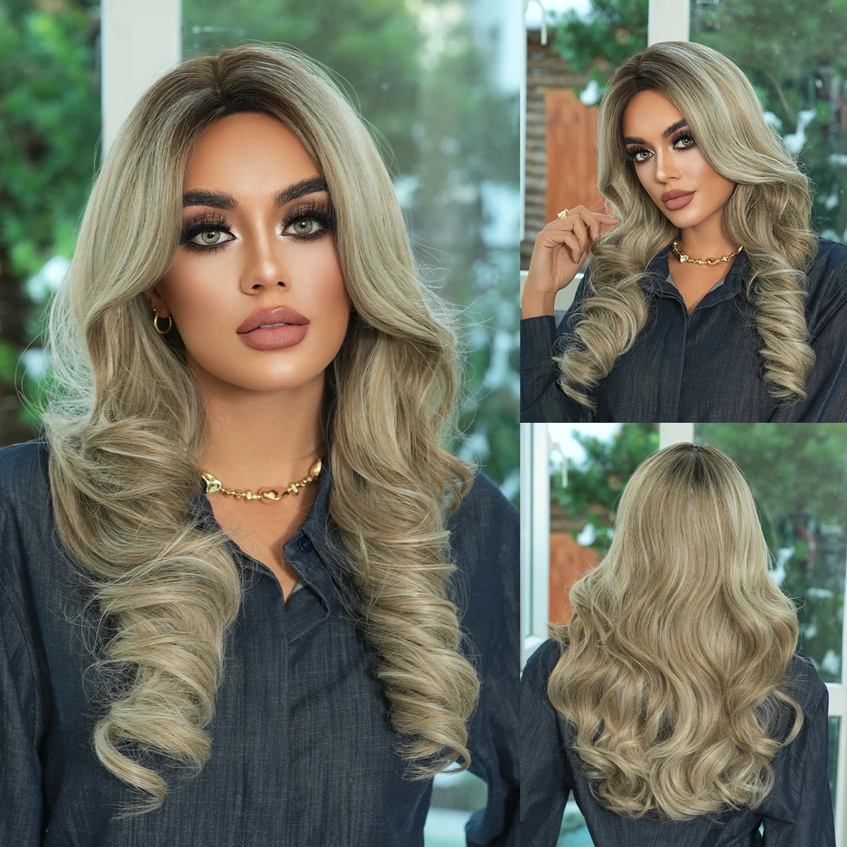 NAMM Langwellige hellblonde Perücke für Damen, elegante, flauschige, lockige Perücken mit seidigem, synthetischem, hitzebeständigem Faser-Haarteil für den Alltag