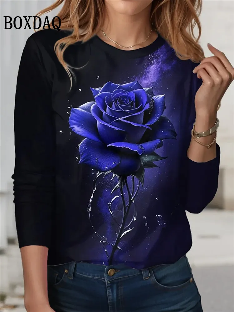 Tie Dye Rose Flower Print T Shirt New Spring Women Long Sleeve Shirts Casual O-Neck Loose Plus Size Tops Fashion Female Clothes