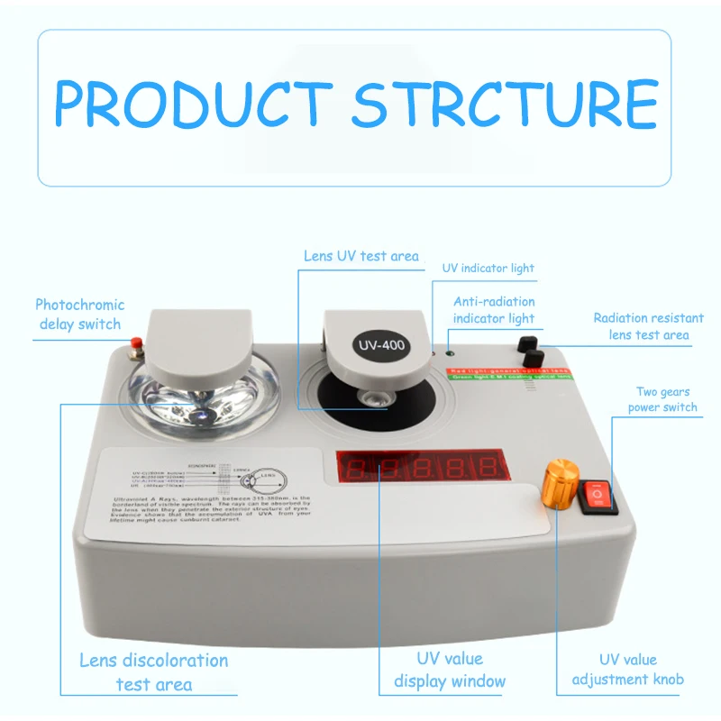 UV Protection Test UV400 Tester Measurer Lens Radiation Resistance Test Lens Photochromic Test Multifunctional Glasses Equipment