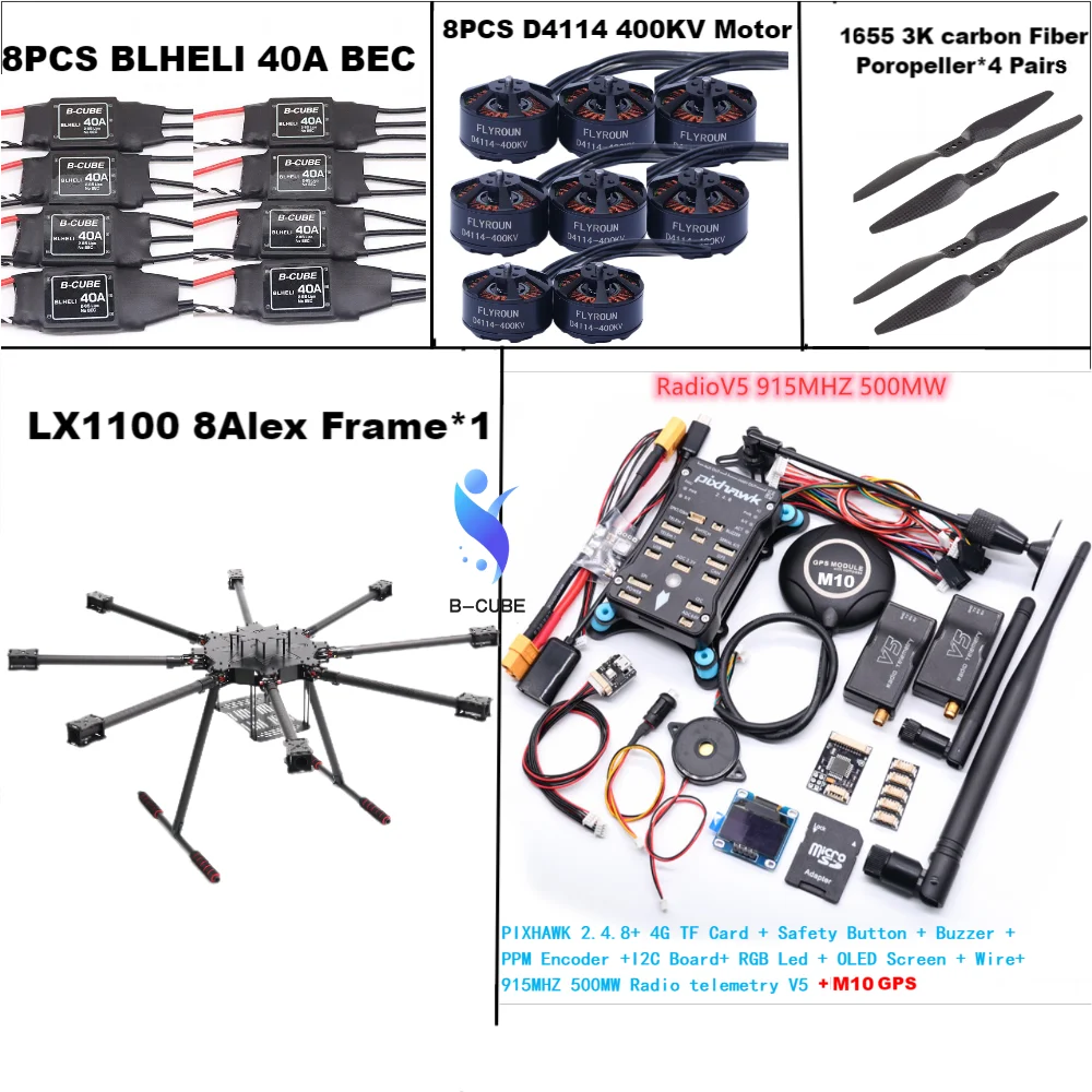 Cadre Octa-Rotor LX1100 en Fibre de Carbone, 1100mm, BLHELI 40A ESC Ptage Pixhawk 2.4.8 M10, Ensemble de Contrôle de Vol, Moteur D4114