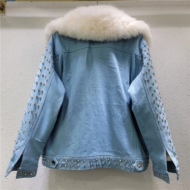 European Station 2024 Winter New Loose Versatile Fashion Heavy Industry Full Diamond Fleece Thickened Denim Cotton Jacket Women