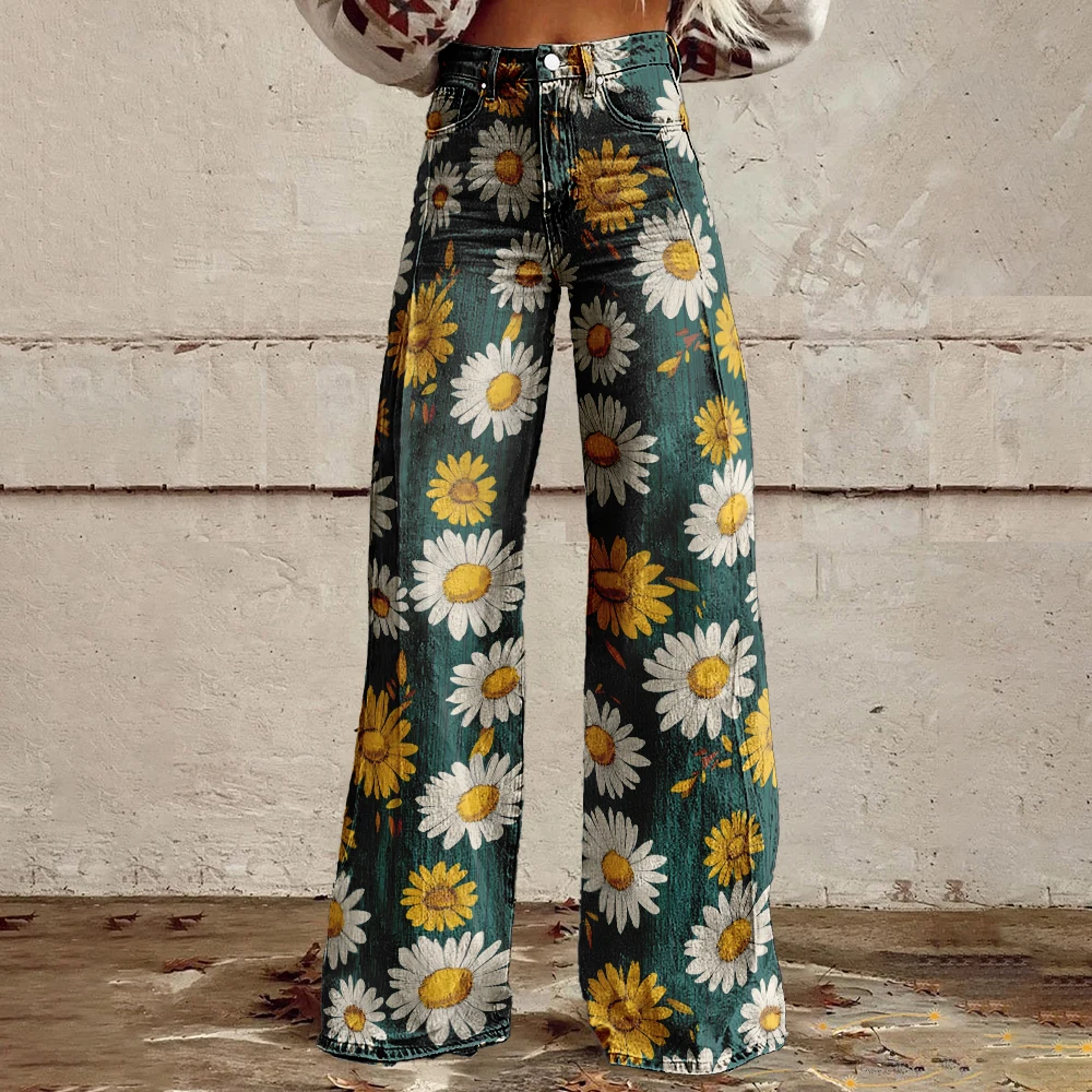 Grand pantalon décontracté à jambes larges imprimé floral pour femmes, pantalon sexy moderne de style européen, rétro et à la mode, jambes larges et amples