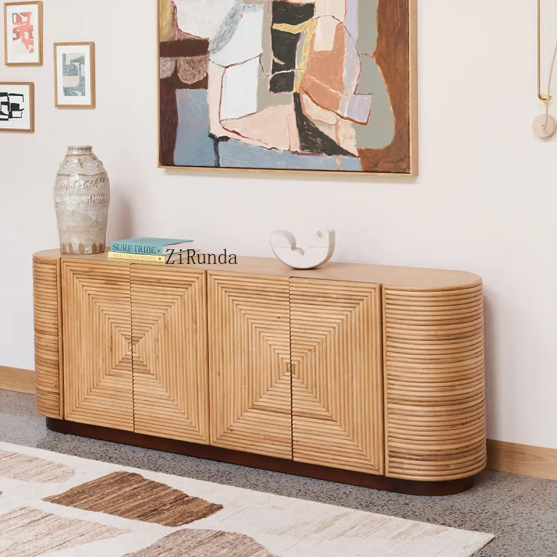 Modern luxury wood-framed four-door walnut-colored side cabinet for restaurant use