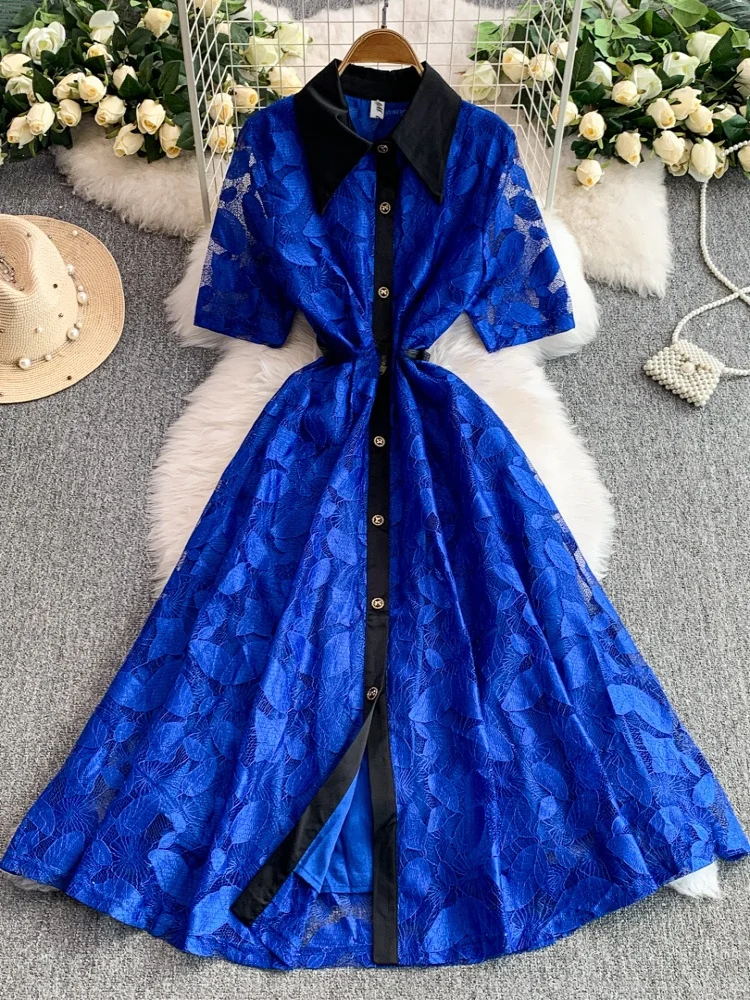 Vestido E de Renda com Cintura Alta, Estilo A-Line, Com Botão Único, Vestido Longo Slimming, Estilo Coreano, Vestido d...