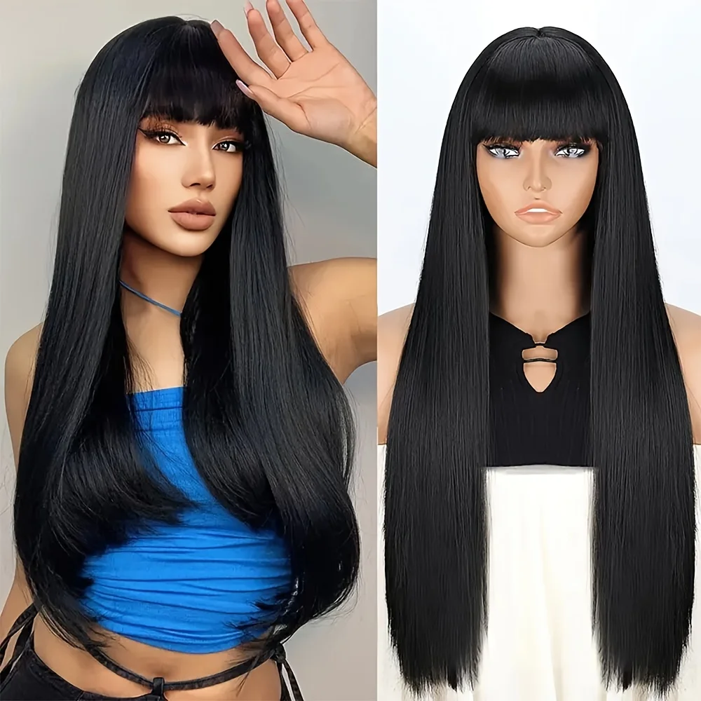 

28inch Black Long silky bone straight Synthetic wigs With Bangs Breathable Rose Net hairs wig elegance women wear Daily Use wig