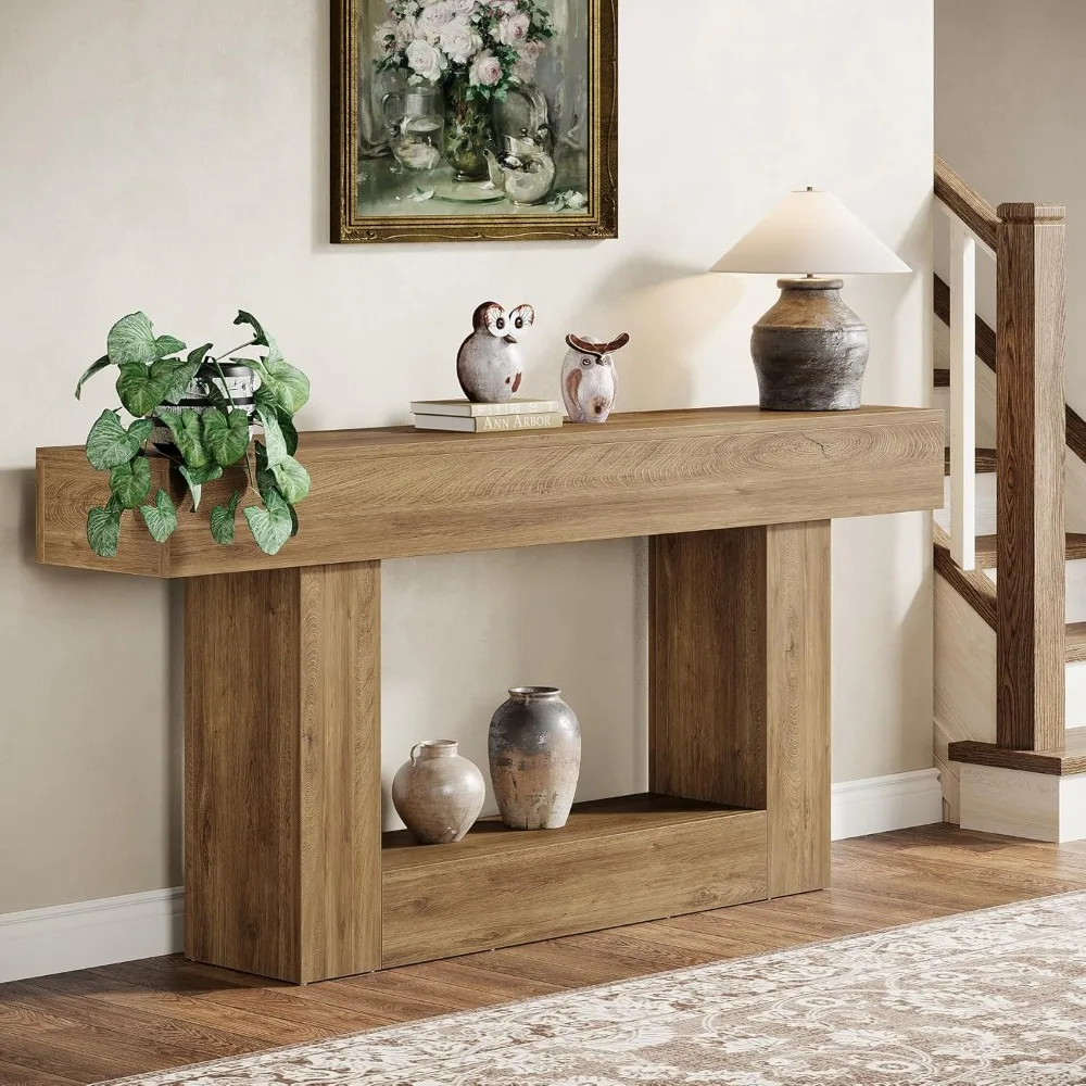 Farmhouse Style Two-Tier Console Table for Entryway, Narrow Long Wood Sofa Table Behind Couch, U-Shaped Base Design