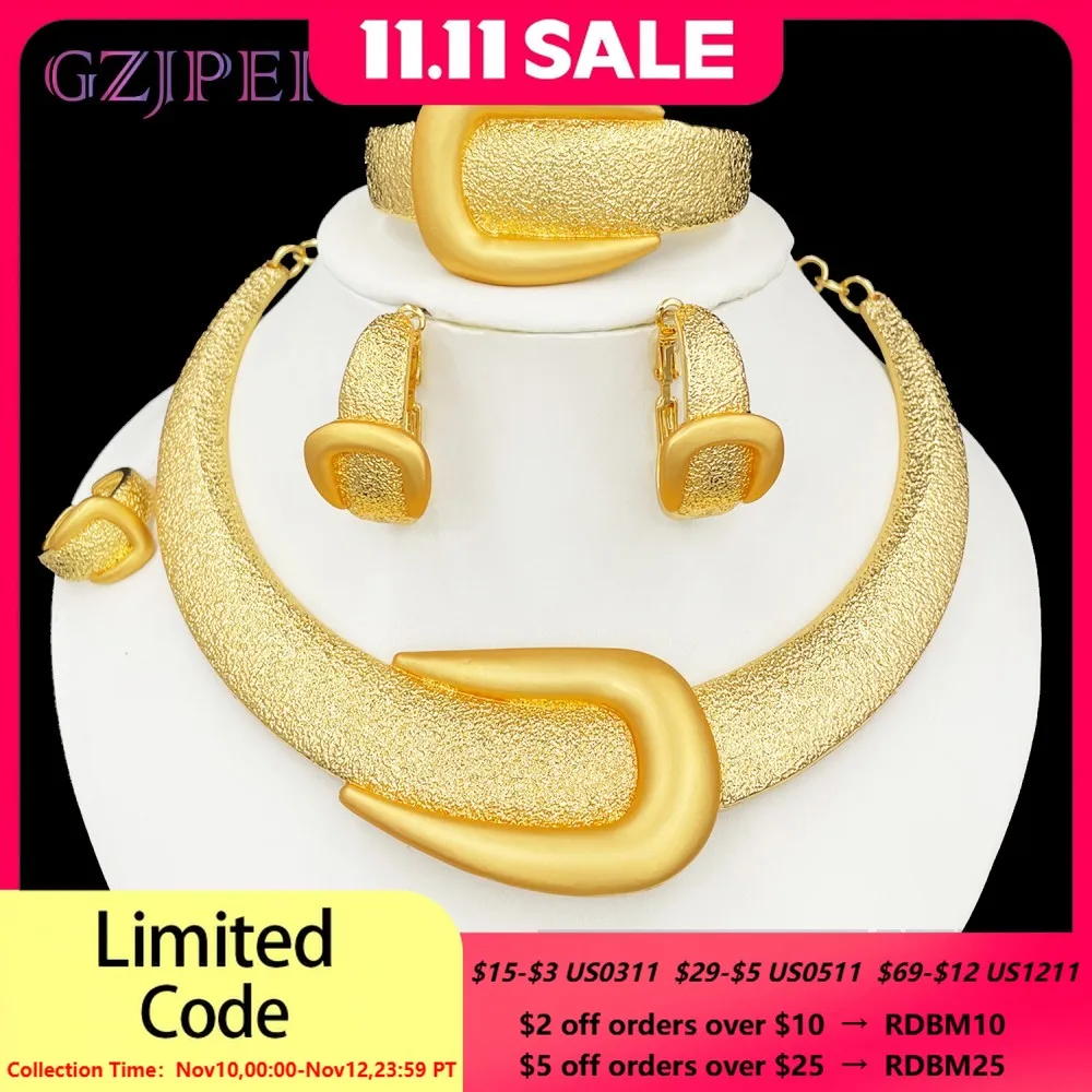 

GZJPEI 2025 New Luxury Big Jewelry Set Dubai Gold Plated Necklace Bracelet Earring Ring For Bridal Wedding Jewelry Gifts