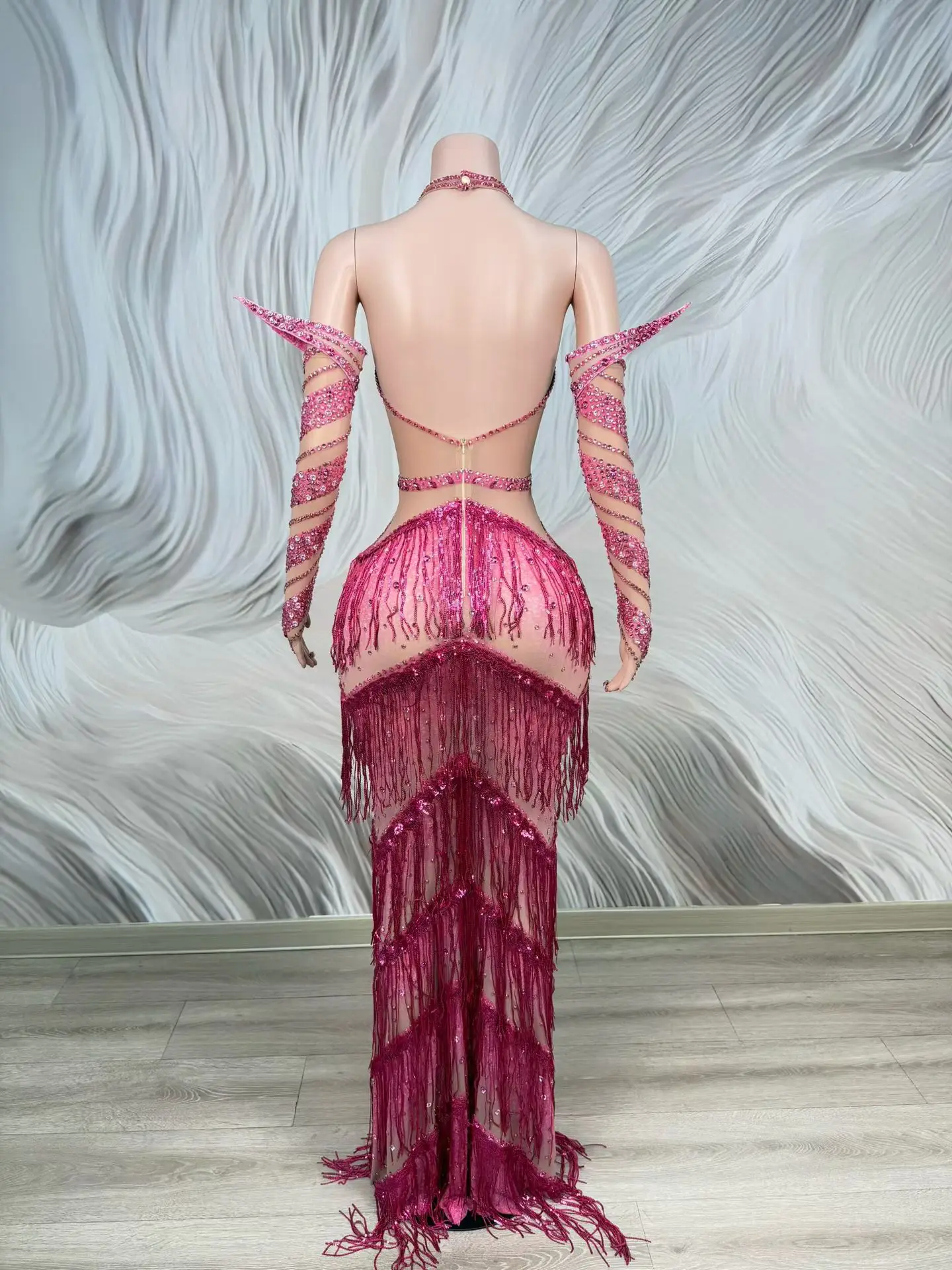 Gesang Pink Rhinestone Fringe Mermaid Gown Halter Neck Cutout Mesh Long Dress With Detachable Sleeves Stage Costume - view 5