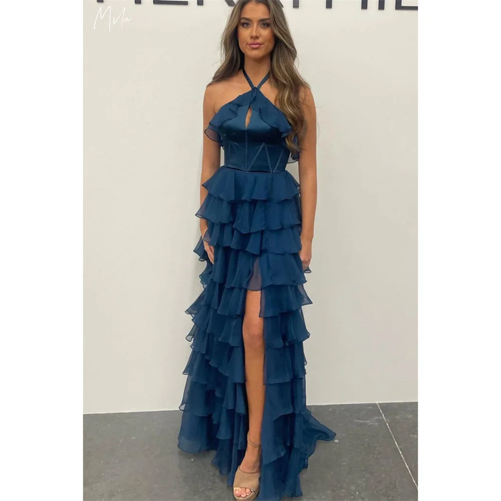 

Mila Halter Neck Tiered Ruffle Prom Dresses Side High Split Customized Evening Dresses Backless Floor-Length vestidos de fiesta