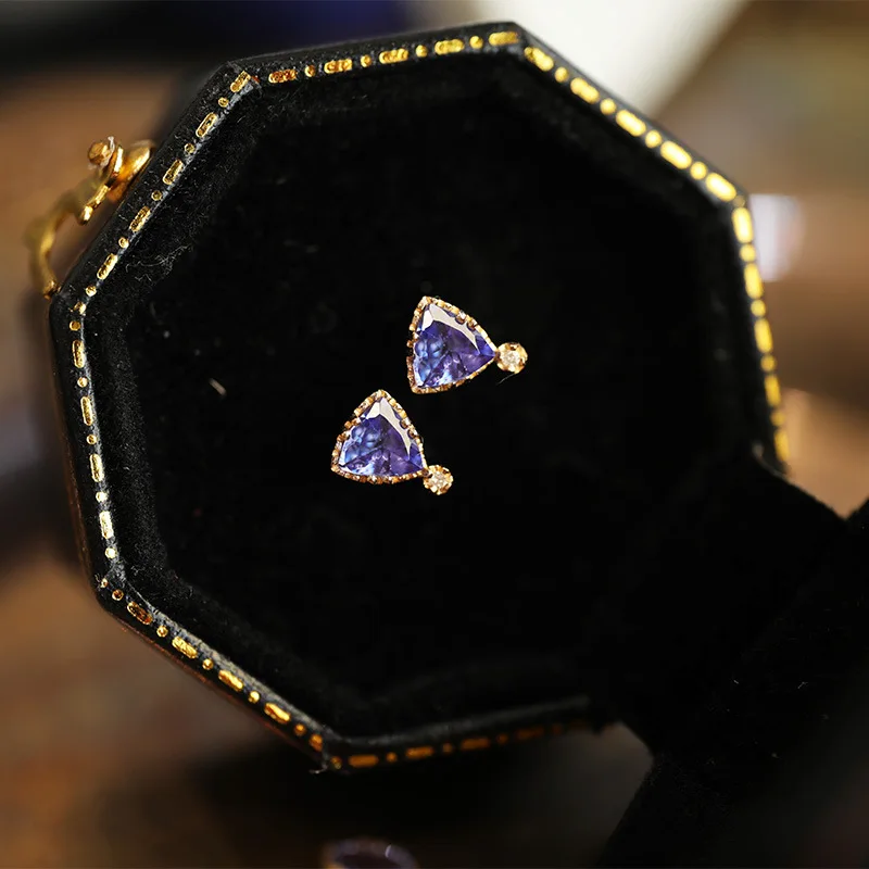 CCFJOYAS 925 Sterling Silver Plated 14K Gold Stud Earrings for Women Geometric Triangle Tanzanite Zircon Light Luxury Jewelry