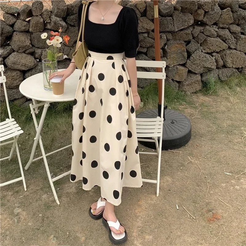 

2024 Vintage Polka Dot Big Swing A-line Skirts Summer Slimming High Waist Elasticity Skirt Women Print Long Skirt Casual Female