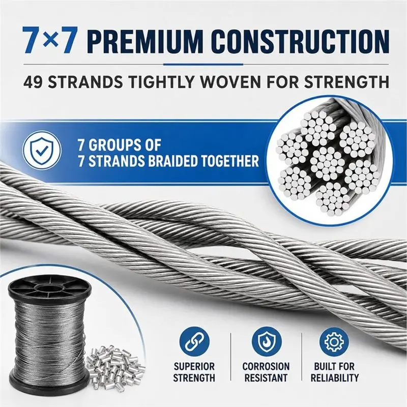 ABRU-1 Mm Wire Rope Stainless Steel Cable 50 M With 50 Aluminium Crimp Sleeves For Versatile Use