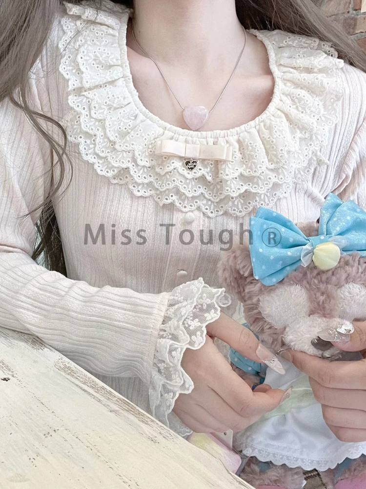 Autumn Japanese Kawaii Lolita Blouse Women Lace Knitted Korean Elegant T-shirt Female Fashion Long Sleeve Casual Design Tops New