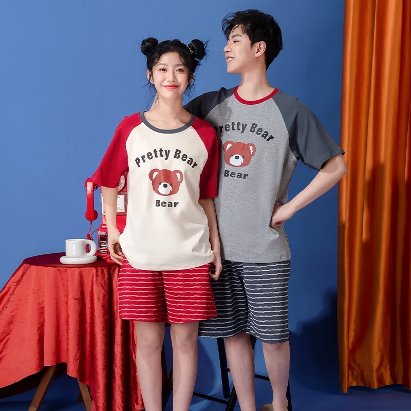 

Couple Pajama Set Summer Cute Cartoon Short Sleeve Pyjamas Men and Women Modal Sleepwear With Chest Pad