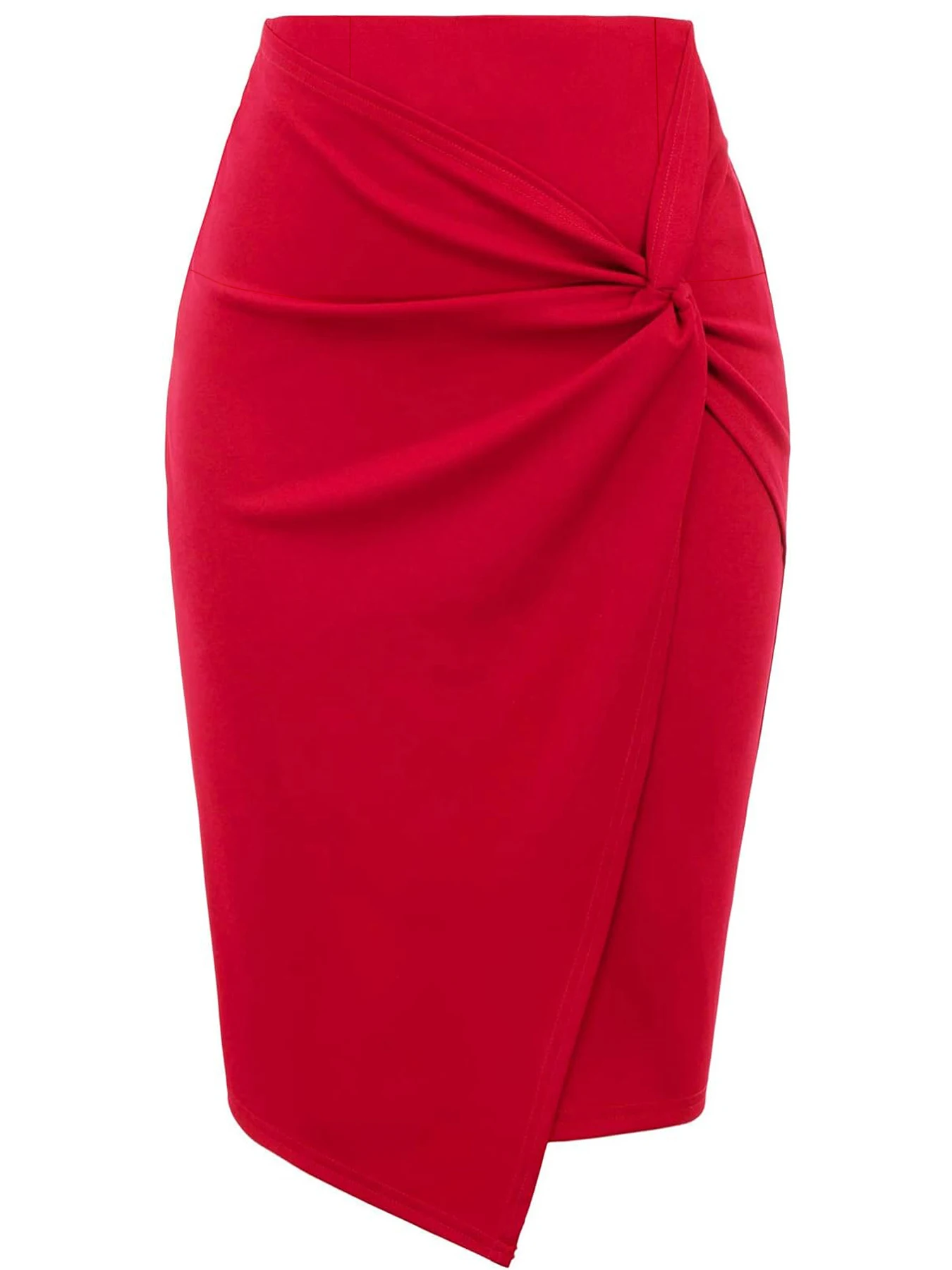 Vrouwen dragen naaflaagrokken voor op het werk, elastische hoge taille wikkelrok met twist voorzijde, knielange bodycon rok