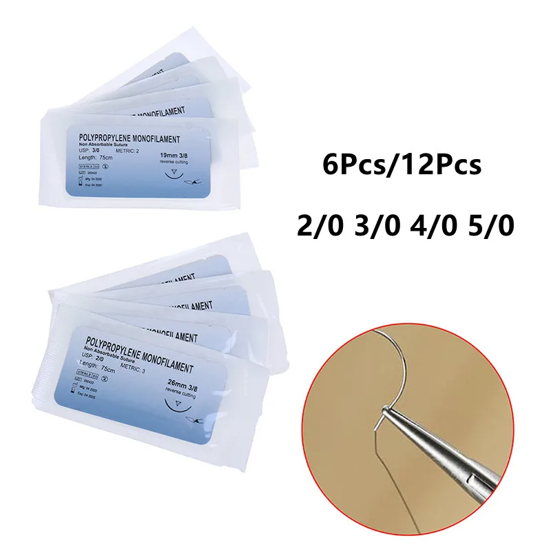 6/12Pcs 2/0 3/0 4/0 5/0 Medical Needle Suture Nylon Monofilament Thread Surgical Practice Kit Teaching Demonstrations Exercises