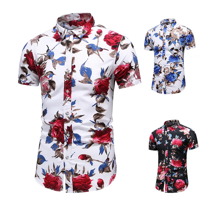 Summer Mens Short Sleeve Shirt Large Print Fashion Casual Slim Fit Business Gentleman Big Size Thin Material Floral Pattern