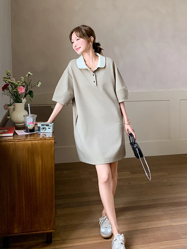 

Женское модное корейское платье-футболка средней длины с воротником, свободного кроя, для офиса, летнее, в форме буквы H