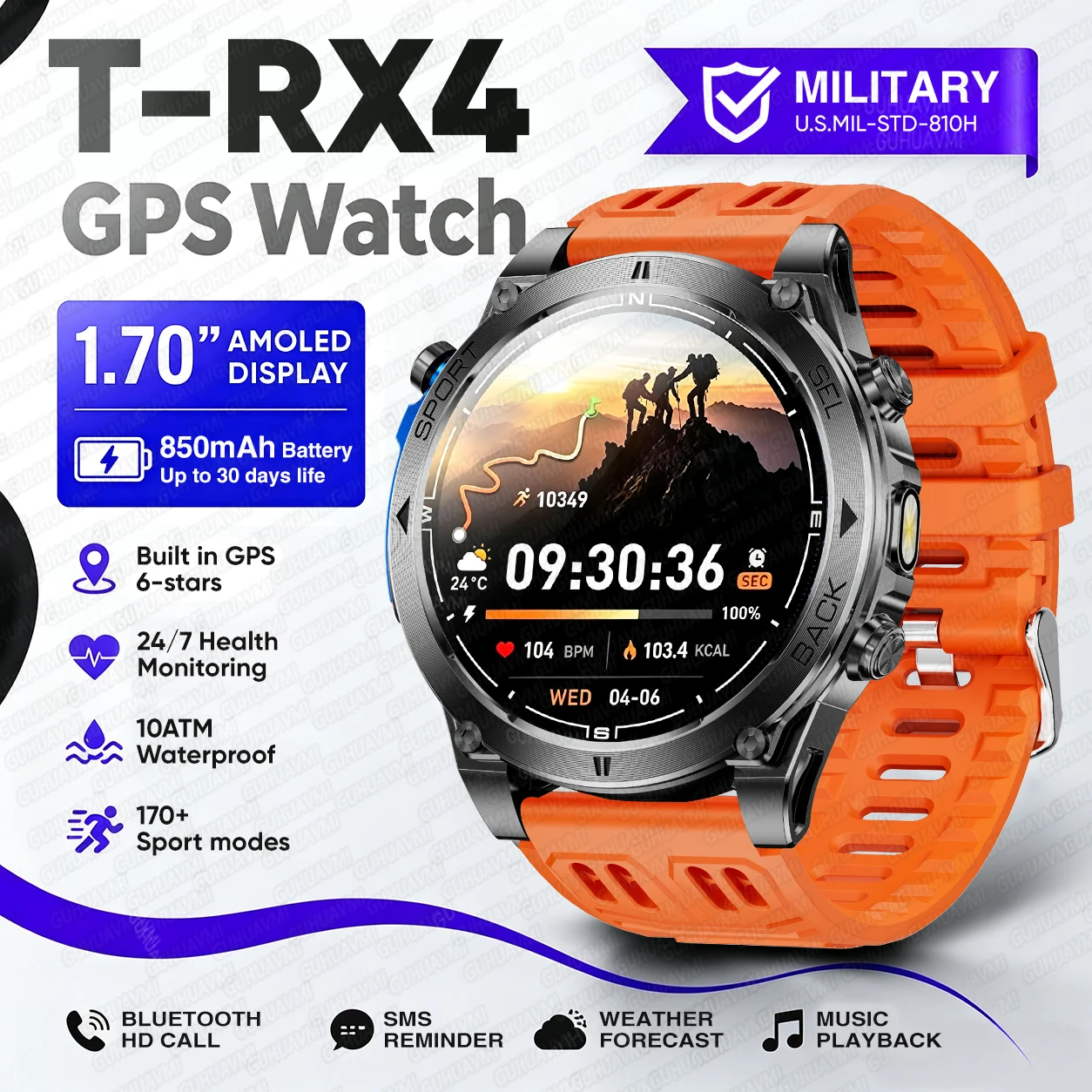 2026New Military T-RX4 Built in GPS Outdoor Smart Watch 10ATM Waterproof Compass 850mAh Battery 1.7”AMOLED Sports Fitness Clock image 3