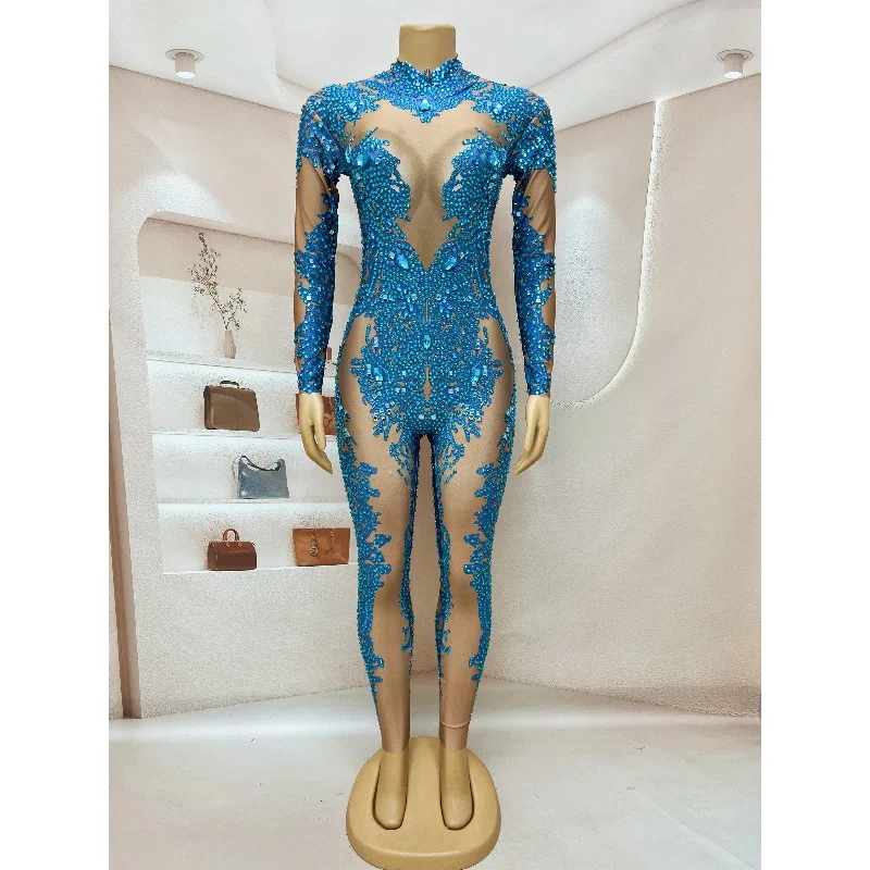 Pintado à mão impresso strass fino-ajuste personalizado vento macacão feminino cantor noite dj recepção desempenho terno azul uva