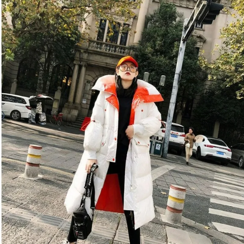 2023 New Bright Face Down Coat Women Mid Length Knee Thickened Windproof Waterproof Loose Fit Fashion Trend