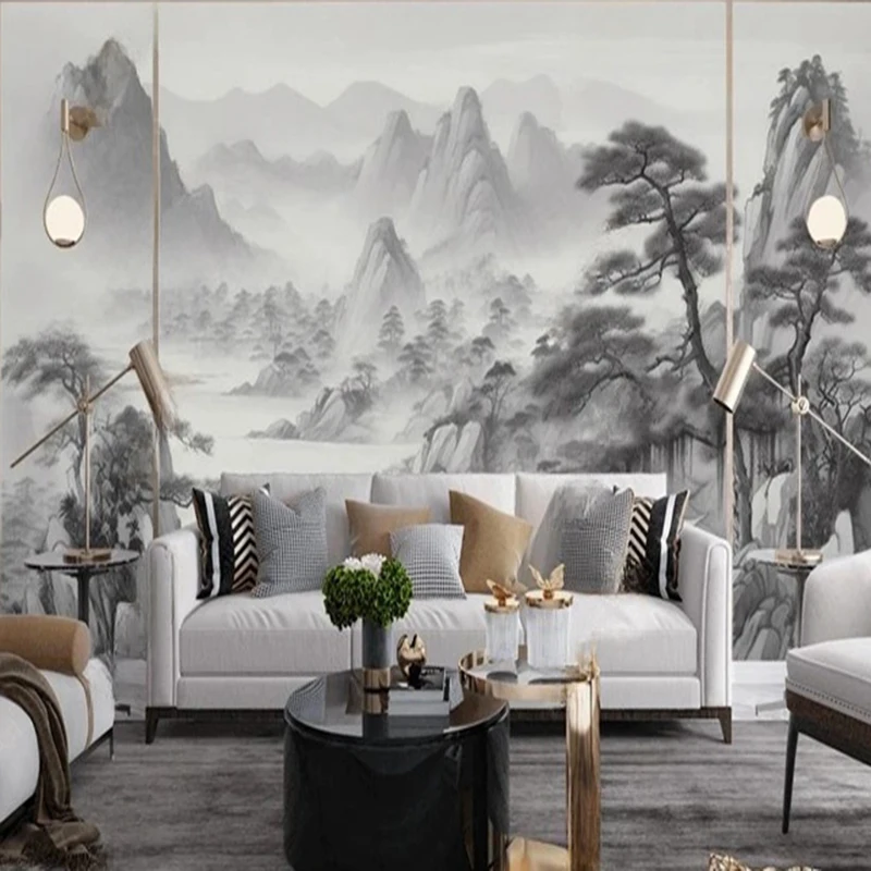 

Custom Chinese Ink Painting Wall Mural Hand-Painted Landscape Mountain Tree Wallpaper for TV Sofa Background Living Room Study