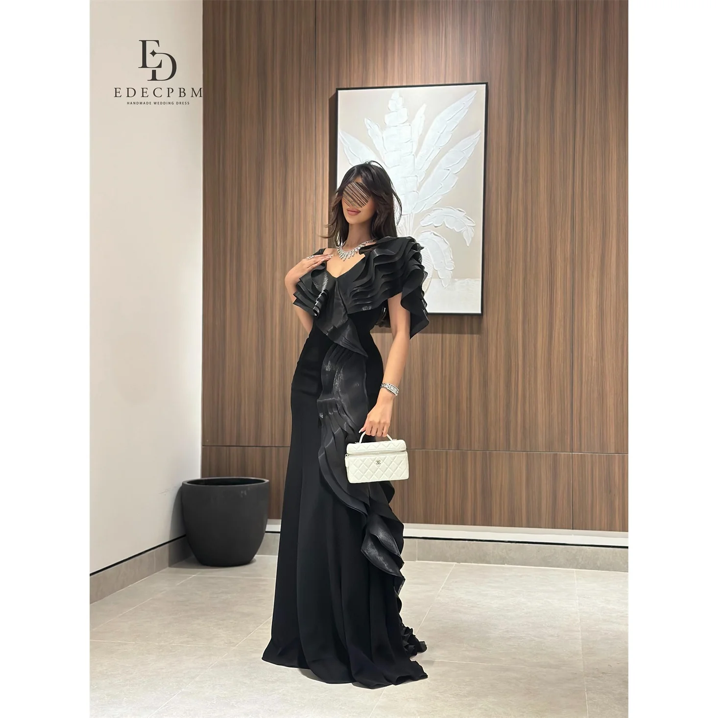 

EDECPBM Satin V-Neck Black Straight Evening Dress 2026 Prom Dress Elegant Luxury Formal Ruffles Customized Robes de Soirée