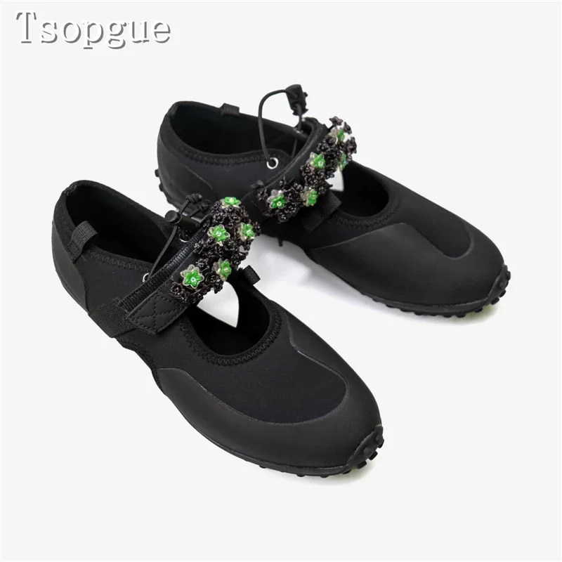 

Green Flower Round Toe Maryjane Shoes Women Spring New Flat Sole Casual Shoes Comfortable Outdoor Sneakers