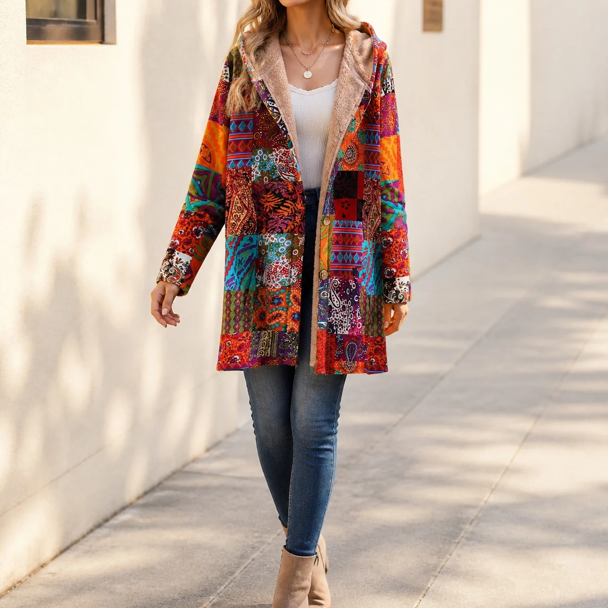 Hooded Printed Coat Loose Fit Commuter Style with Mid Length Single Row Multi Button Closure Regular Thickness Autumn for Women