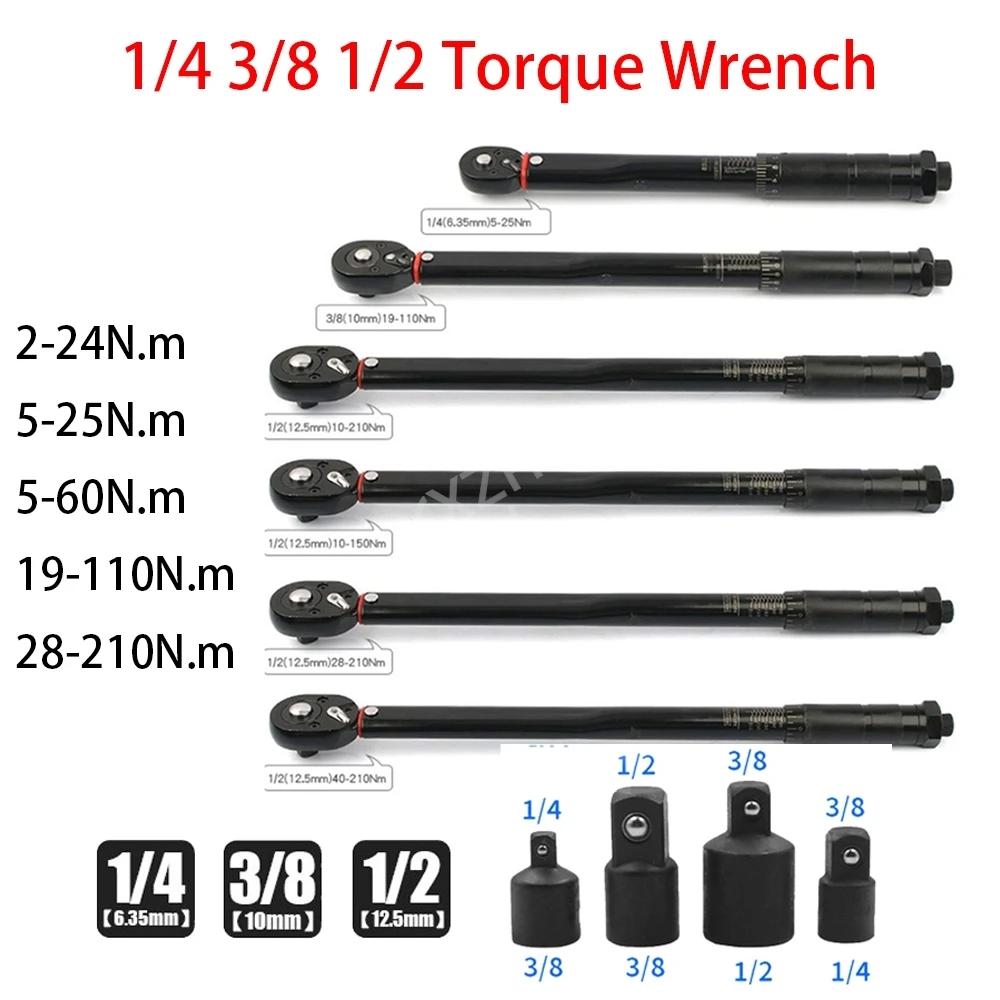 1/2 3/8 1/4 Torque Wrench 2-24 5-60 19-110 28-210N.m Square Drive Preset Torque Keys Automotive Ratchet Spanner Car Bike Tools