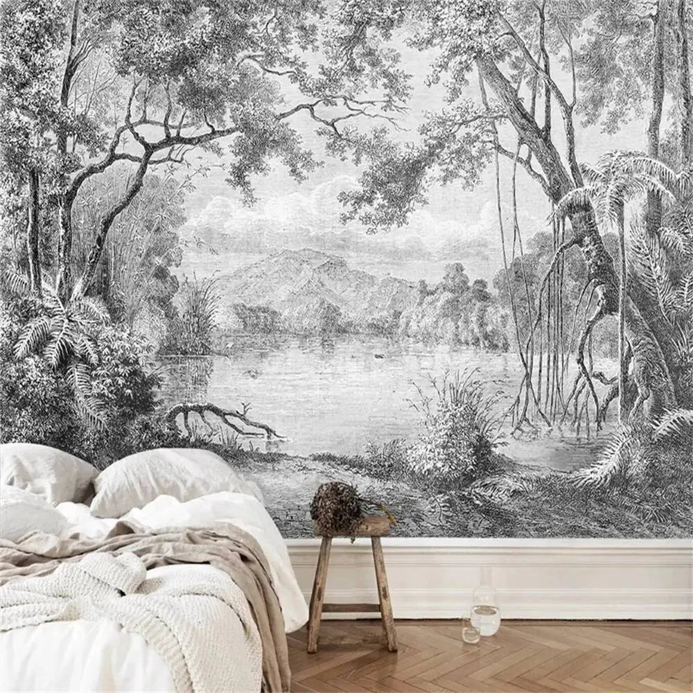 Custom Wallpaper 3D Photo Mural Black And White Forest European Retro Lines Rainforest Jungle TV Background Wall Decoration Обои