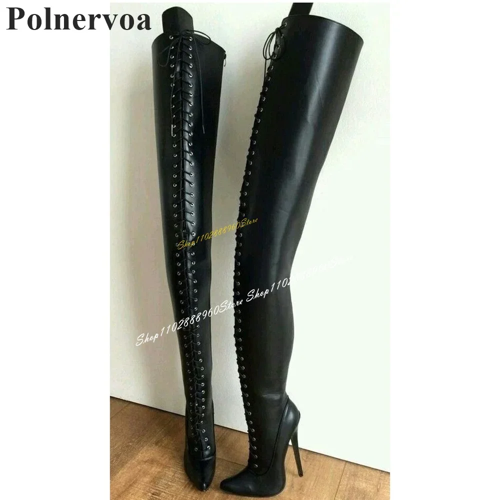 

Thigh High Black Matte Leather Cross Tied Boots Stilettos High Heel Women Shoes Sde Zipper Pointed Toe 2024 Zapatos Para Mujere
