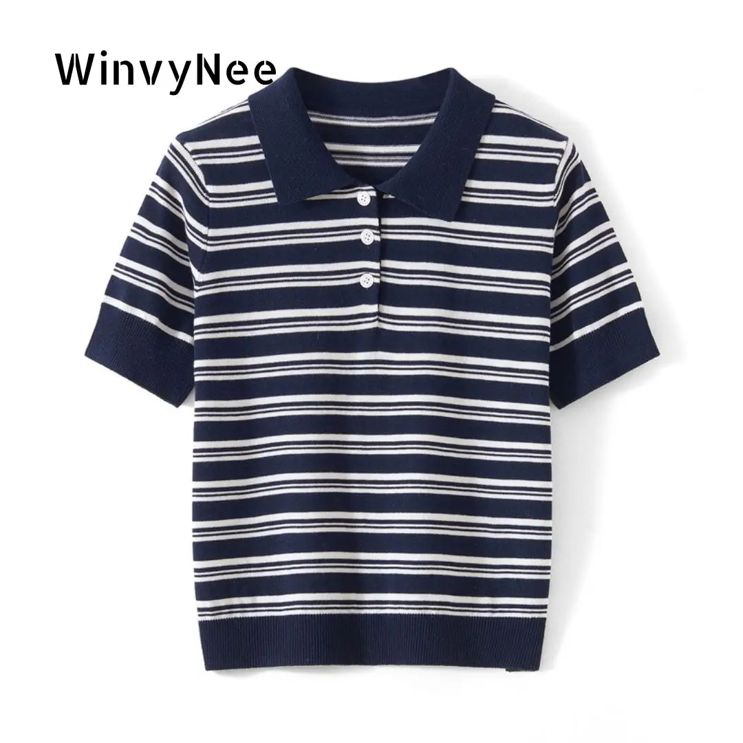 WinvyNee Summer Women's Pure Cotton Sweaters Polo T-Shirts White Half Sleeve Striped Tees Y2k Outerwears Pullover Tops ZA1523012