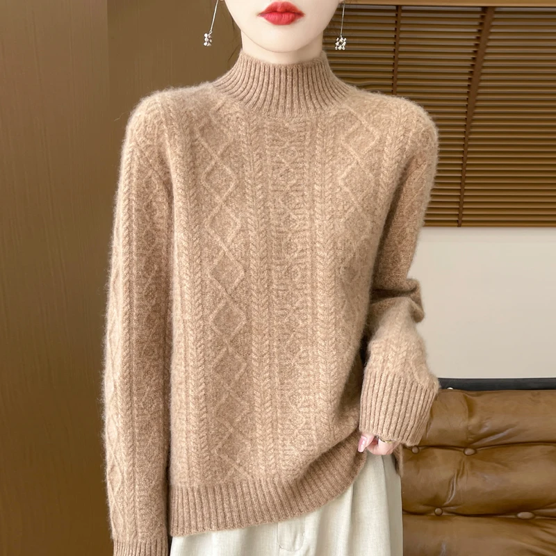 Miękki sweter z golfem z dzianiny wełny merino 100%, kaszmirowy pulower z długim rękawem, jednolity kolor, modny, ciepły, miękki damski top odzieżowy.