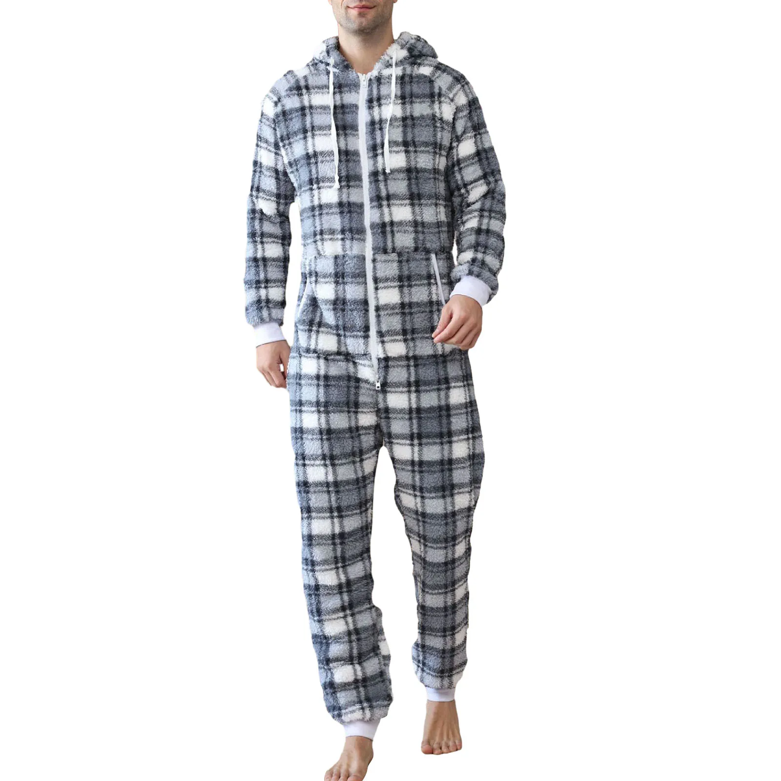 

Men's Hooded Jumpsuit Pajamas Reversible Fleece Plaid Sleepwear Autumn Winter Warm Long Sleeve V Neck Zip Up Romper Loungewear