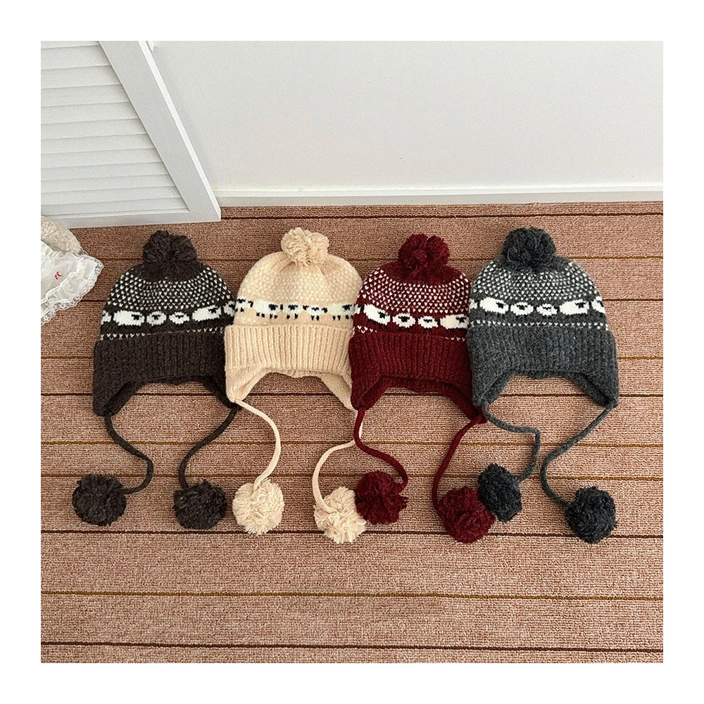 

MILANCEL New Winter Kids Beanie 7 Colors Warm Cute Girls Dots Sheep Thicken Ear Protection Hat Children Versatile Knit Cap