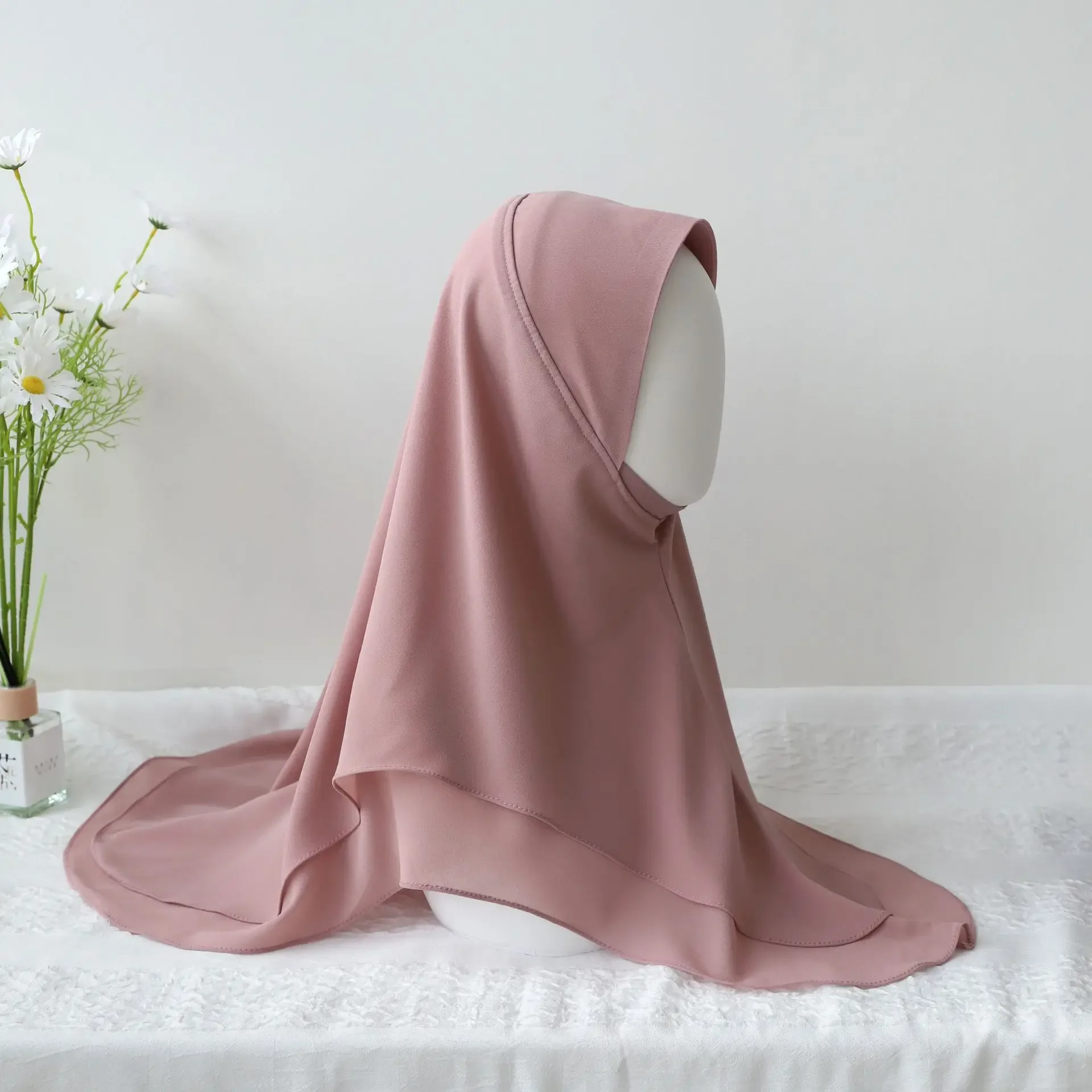 Chiffon Hijab Jersey Hijabs for Women Turban Malay Pullover Headgear Double Layer Solid Color Headscarf Bonnet Hijab Turbante