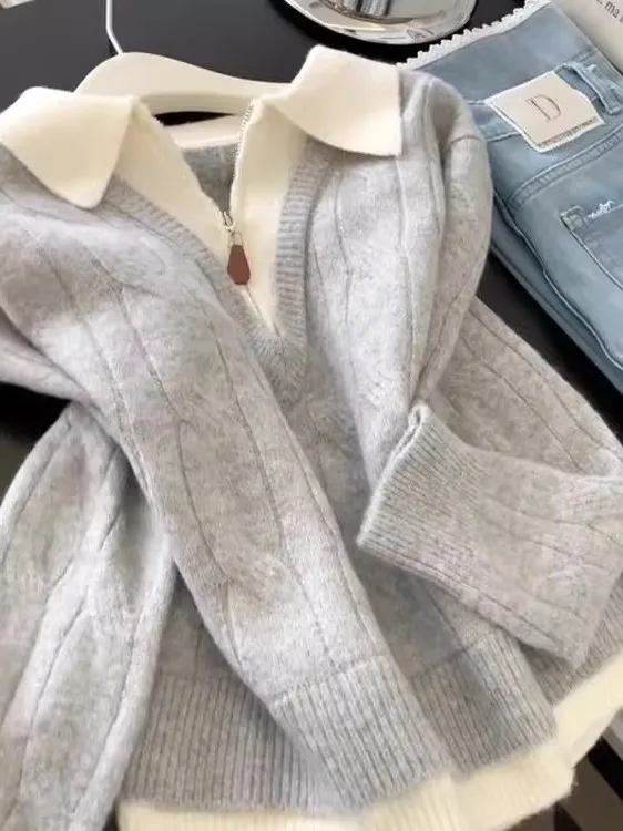 ay محبوك سترة مع f سستة المرأة Faion عادية فضفاضة تناسب الدافئة ملابس خارجية مباراة داخلية الخريف الشتاء الملابس #3