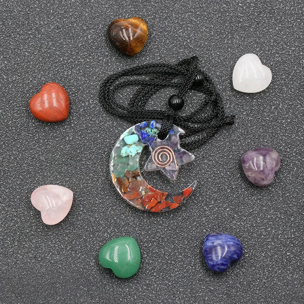 7 Chakra Love Heart Natural Stone with Orgonite Star Moon Pendant Combination Reiki Gem Spirit Healing Meditation Charm Jewelry
