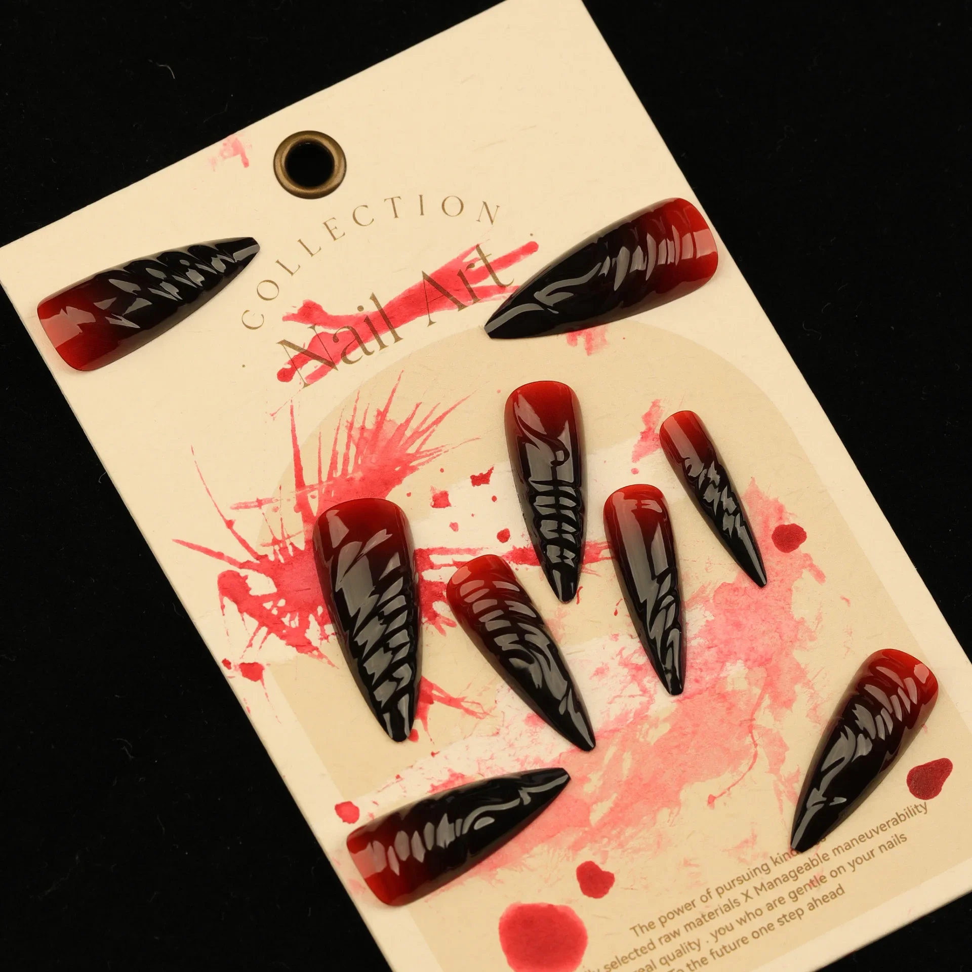 

24pcs Halloween wearable nail set with 3D gradient effect press-on nails extra-long pointed tips and red-black gradient design