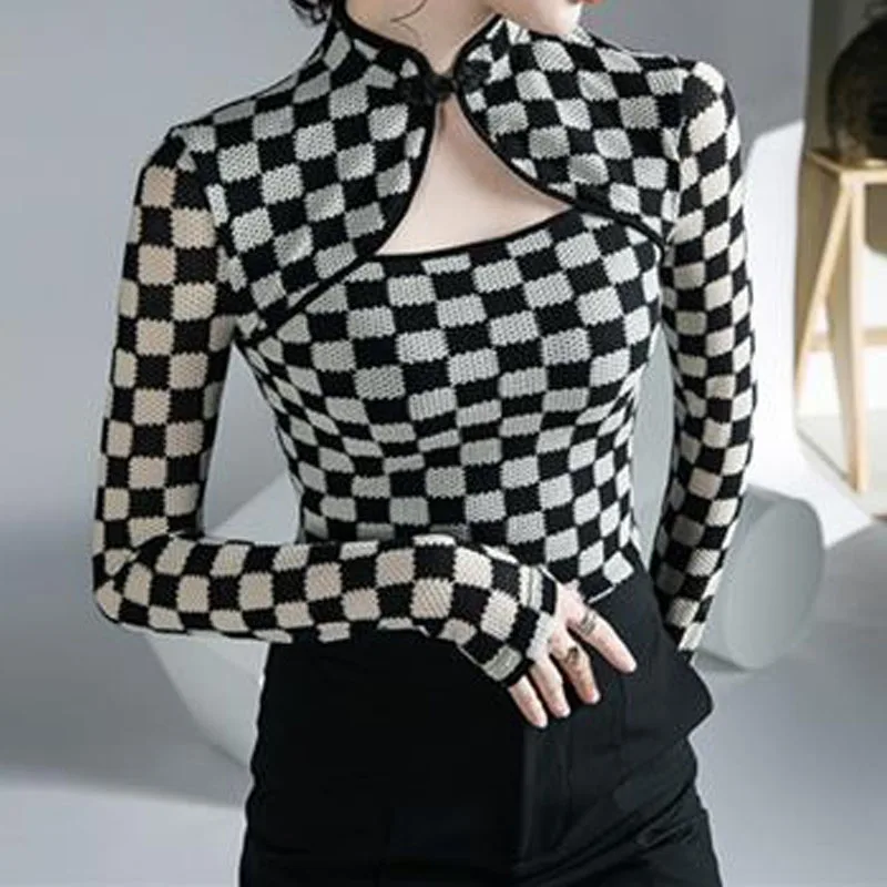 Slim Fashion Lady Plaid Printed Long Sleeve T-shirt Autumn Winter Women\'s Hollow Out Stand Collar Spliced Tops Female Clothing