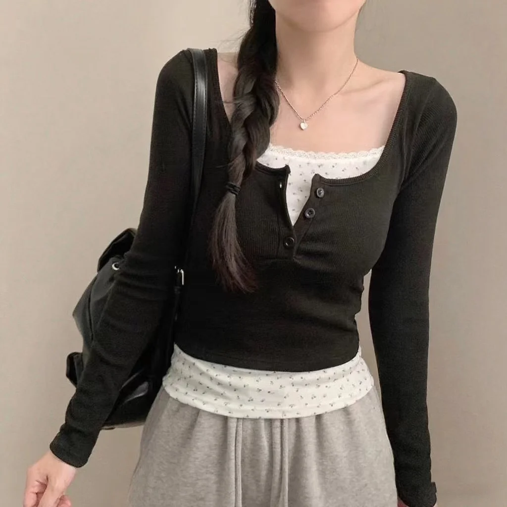 

Облегающая длинная футболка Sve, женская корейская шикарная кружевная лоскутная футболка с цветочным принтом и накладкой на грудь, для поездок на работу