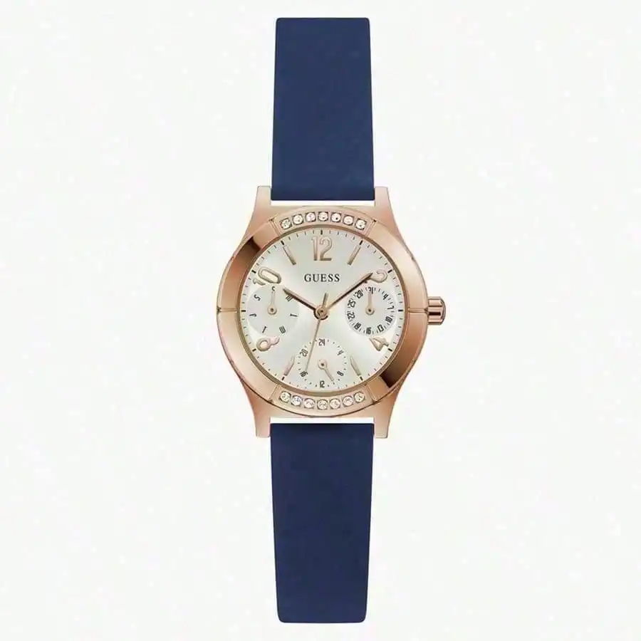 

Женские кварцевые часы GUESS с кристаллами, многофункциональные, с корпусом из нержавеющей стали цвета розового золота и синим силиконовым ремешком, для офиса, повседневной носки и отдыха