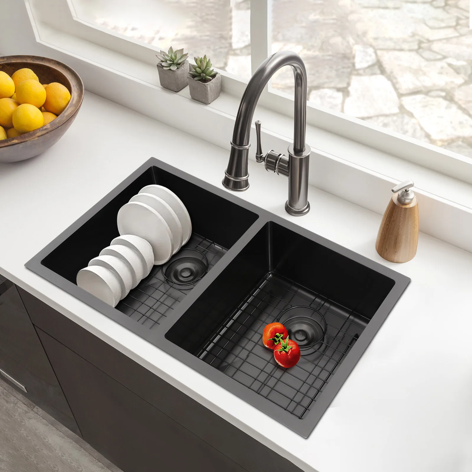 

Кухонная мойка 31 дюйм, двойная, из нержавеющей стали, для установки под столешницу, с решеткой и сливом