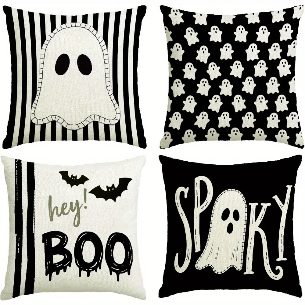 2D Flat - Set of 4 Halloween-Themed Pillow Covers Measuring 18X18 Inches,Featuring a Cute Spooky Ghost Design with Black Stripes