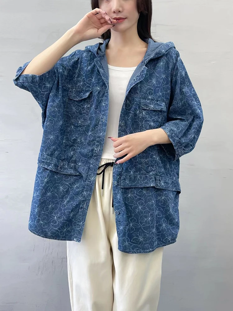 Max LuLu 2024 Summer Womens Denim Hooded Floral Tops Fashion Oversized Printed Shirts Ladies Casual Loose Blouses Cotton Clothes