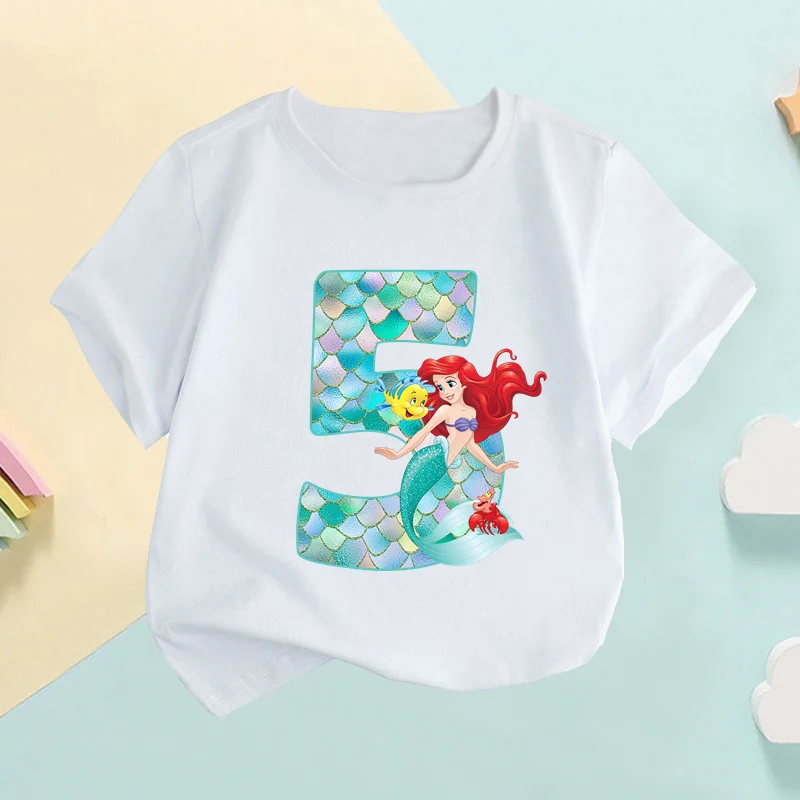 Mała Syrenka Ariel Księżniczka Numer Nadruk Dziewczynki Ubrania 1 2 3 4 5 6 7 8 9 lat Urodziny Dzieci T-shirt Baby T-Shirt,HKP2697