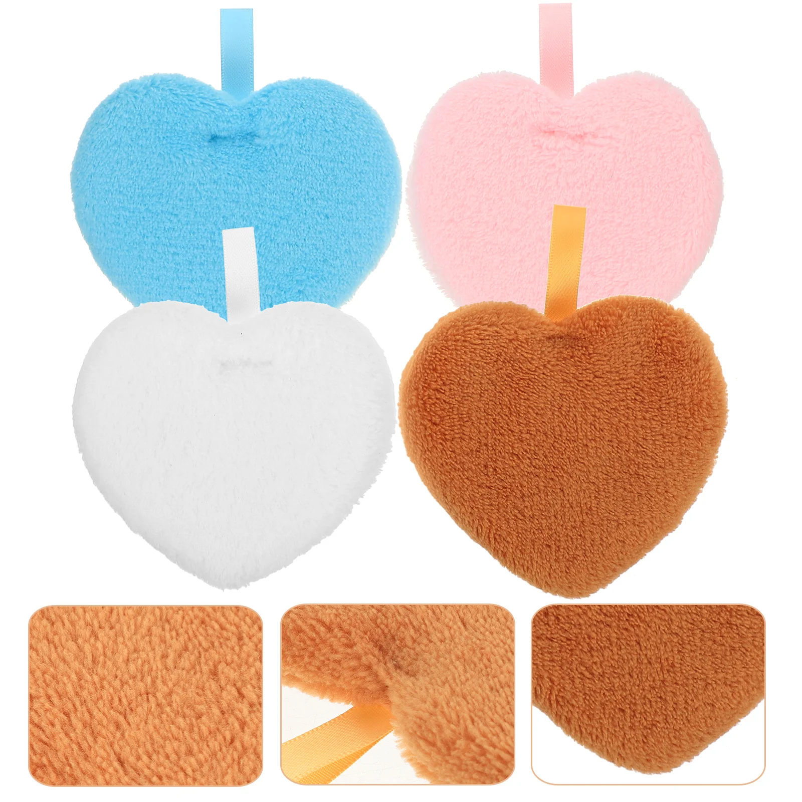 4pcs Powder Puff Soft Fiber Cotton Hearts Mini Breathable Portable Comfortable Ribbon Loose Round Makeup Removing