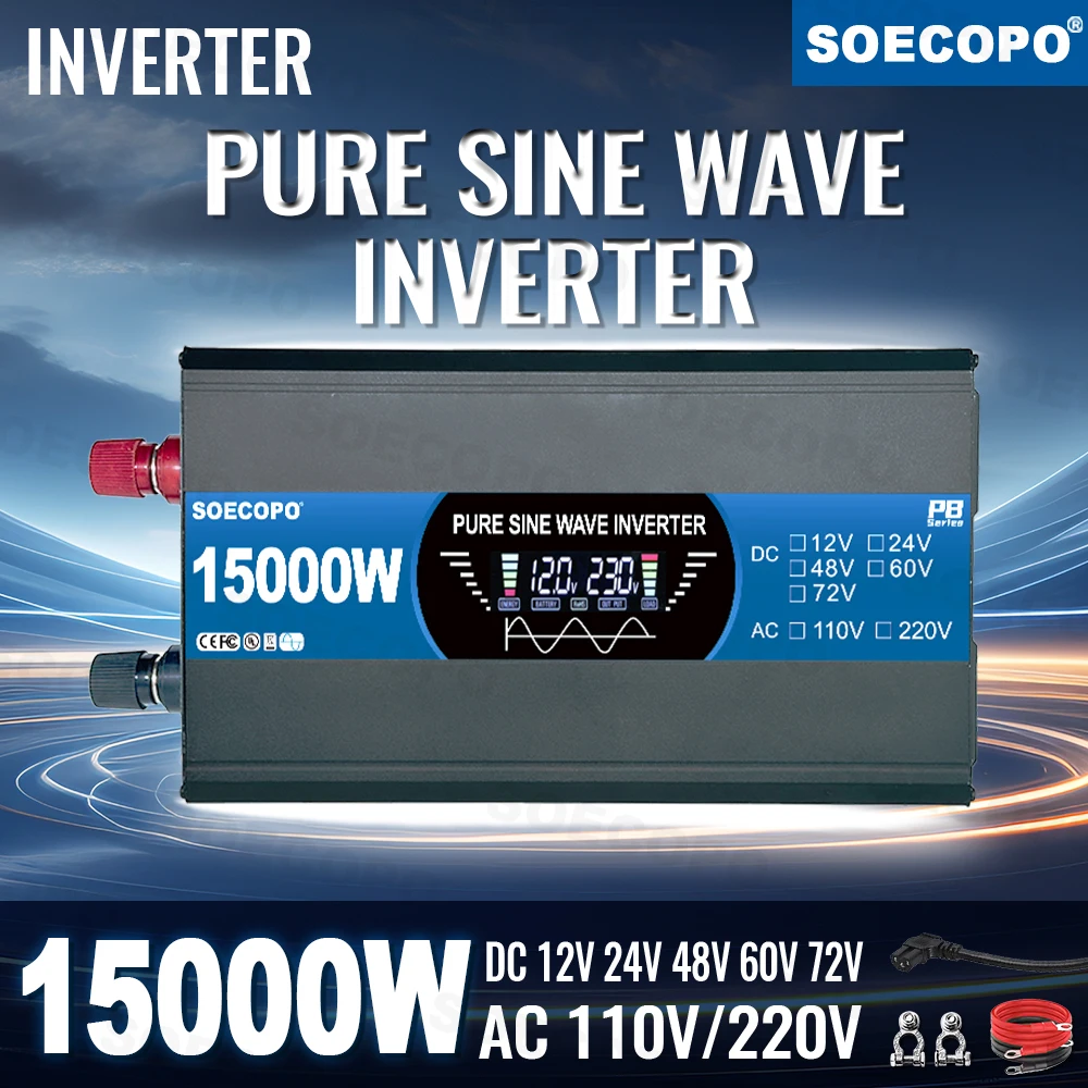 

SOECOPO 15000W Pure Sine Wave Inverter DC 12V - 72V to 110V/220V Car Voltage Converter Power Adapter for Car Accessories Camping