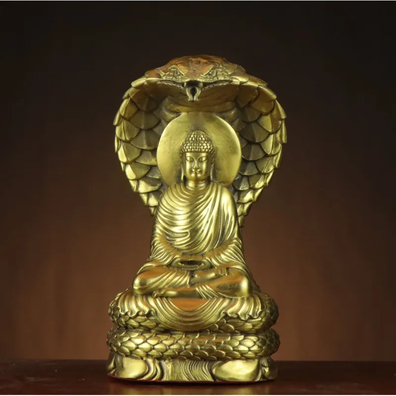 Bronze statue, traditional Buddhist shrine ornament, depicting Buddha sitting on a snake, Shakyamuni Buddh